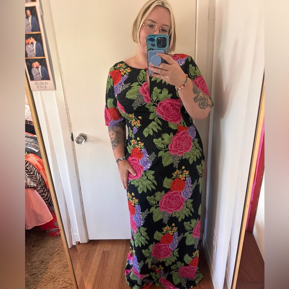 ASOS Curve Black Maxi Dress with Pink and Green Floral Design